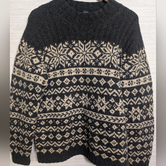 Lands End 100% Lambswool Sweater Fair Isle Snowflake Charcoal Grey Cream Large - Picture 1 of 14